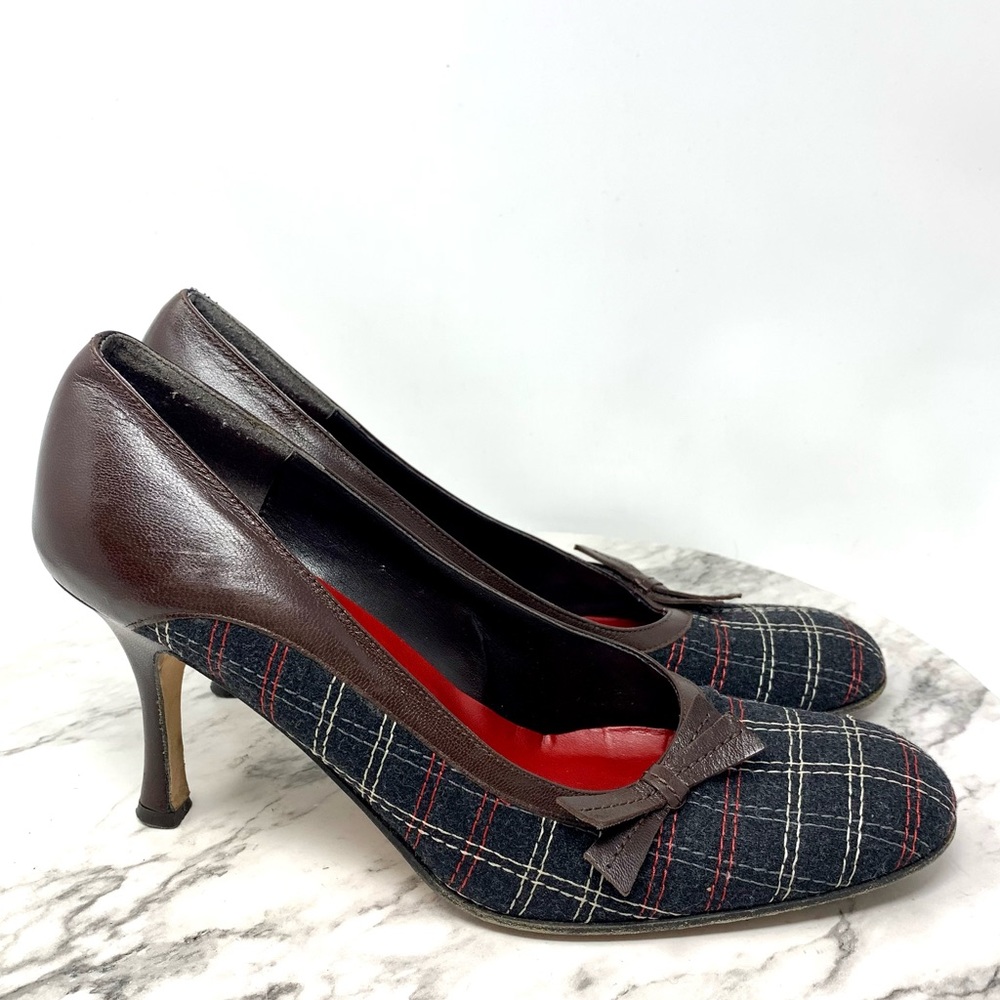 Isabella Fiori Tweed Wool Plaid Dainty Bow Pumps 10 Academia Retro Classic Fall - Picture 2 of 13